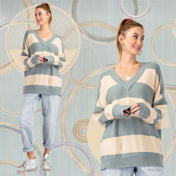 EASEL Wide Striped Sweater Ribbed Hems Wide Neckline Long Loose Fit Tunic Style - Picture 11 of 14